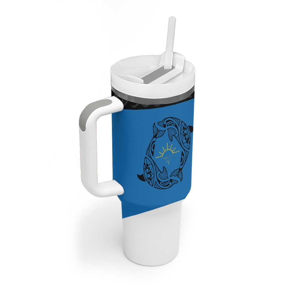 Antigua and Barbuda Tribal Tumbler With Handle with Polynesian Dolphin Sun Design with National Flag Colors - Wonder Print Shop