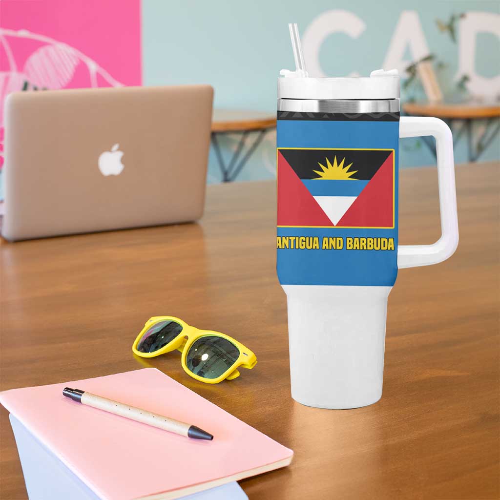 Antigua and Barbuda Tribal Tumbler With Handle with Polynesian Dolphin Sun Design with National Flag Colors - Wonder Print Shop