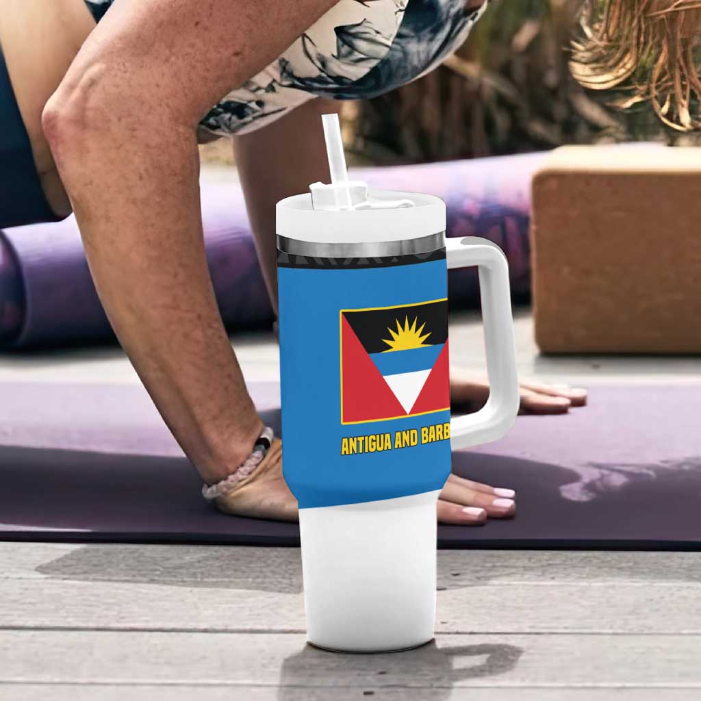 Antigua and Barbuda Tribal Tumbler With Handle with Polynesian Dolphin Sun Design with National Flag Colors - Wonder Print Shop
