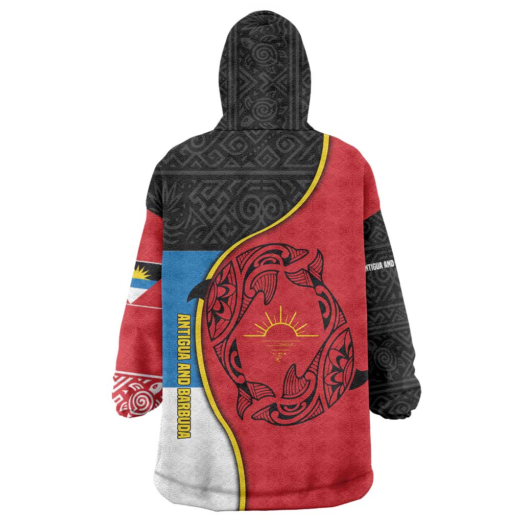 Antigua and Barbuda Tribal Wearable Blanket Hoodie with Polynesian Dolphin Sun Design with National Flag Colors - Wonder Print Shop