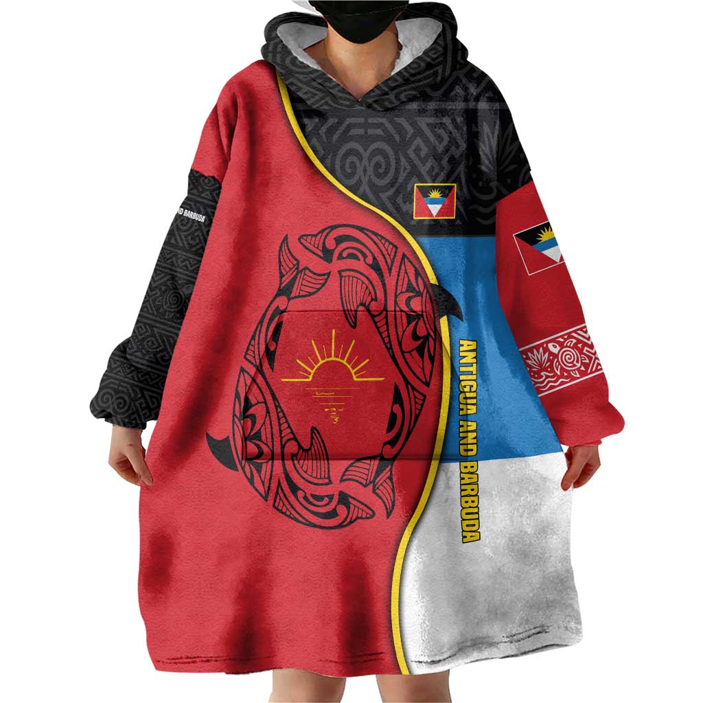 Antigua and Barbuda Tribal Wearable Blanket Hoodie with Polynesian Dolphin Sun Design with National Flag Colors - Wonder Print Shop
