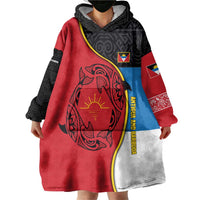 Antigua and Barbuda Tribal Wearable Blanket Hoodie with Polynesian Dolphin Sun Design with National Flag Colors - Wonder Print Shop