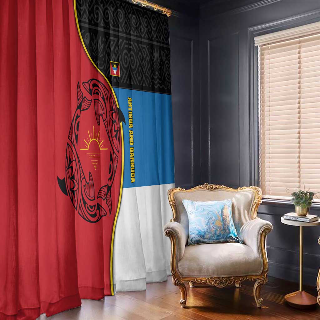 Antigua and Barbuda Tribal Window Curtain with Polynesian Dolphin Sun Design with National Flag Colors - Wonder Print Shop