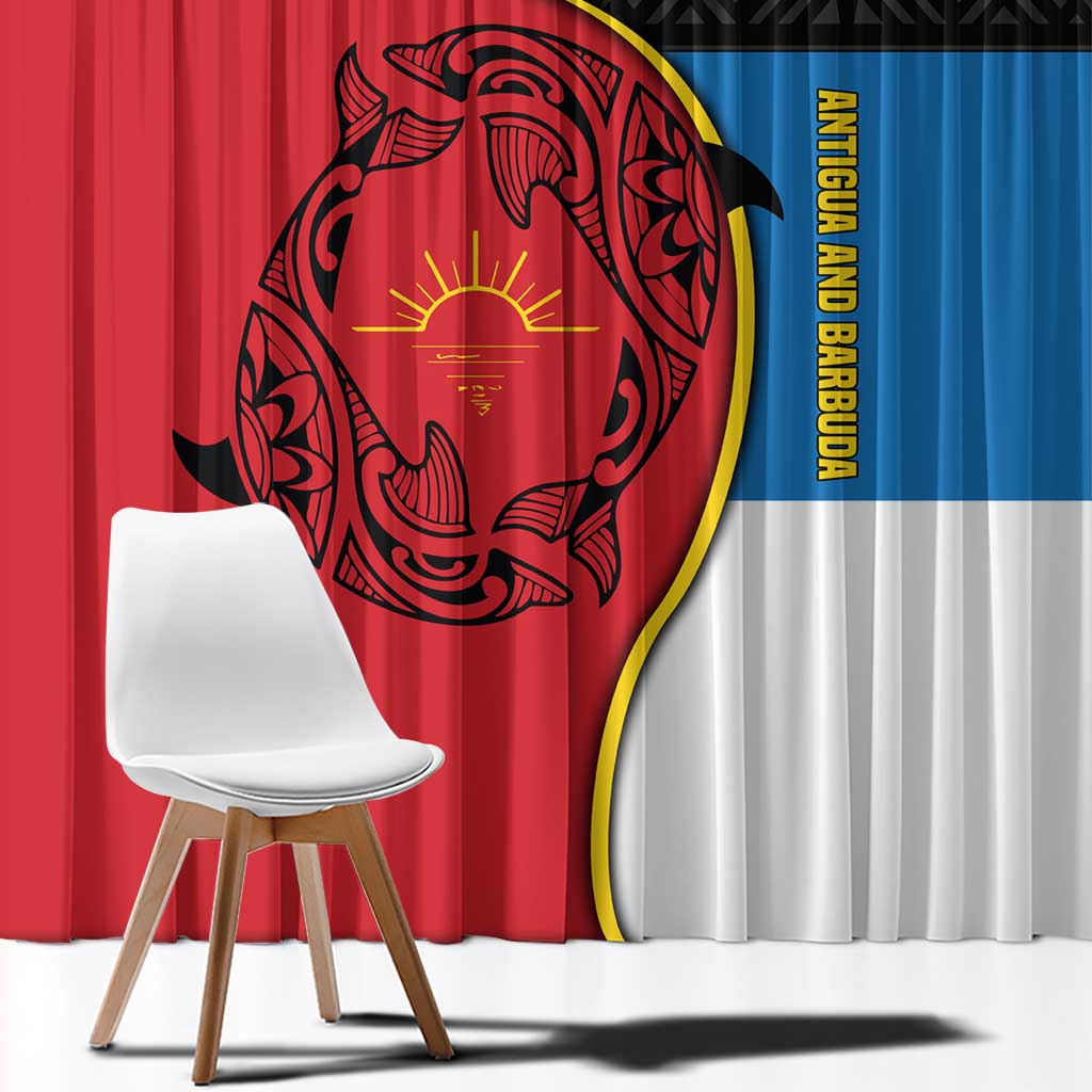 Antigua and Barbuda Tribal Window Curtain with Polynesian Dolphin Sun Design with National Flag Colors - Wonder Print Shop