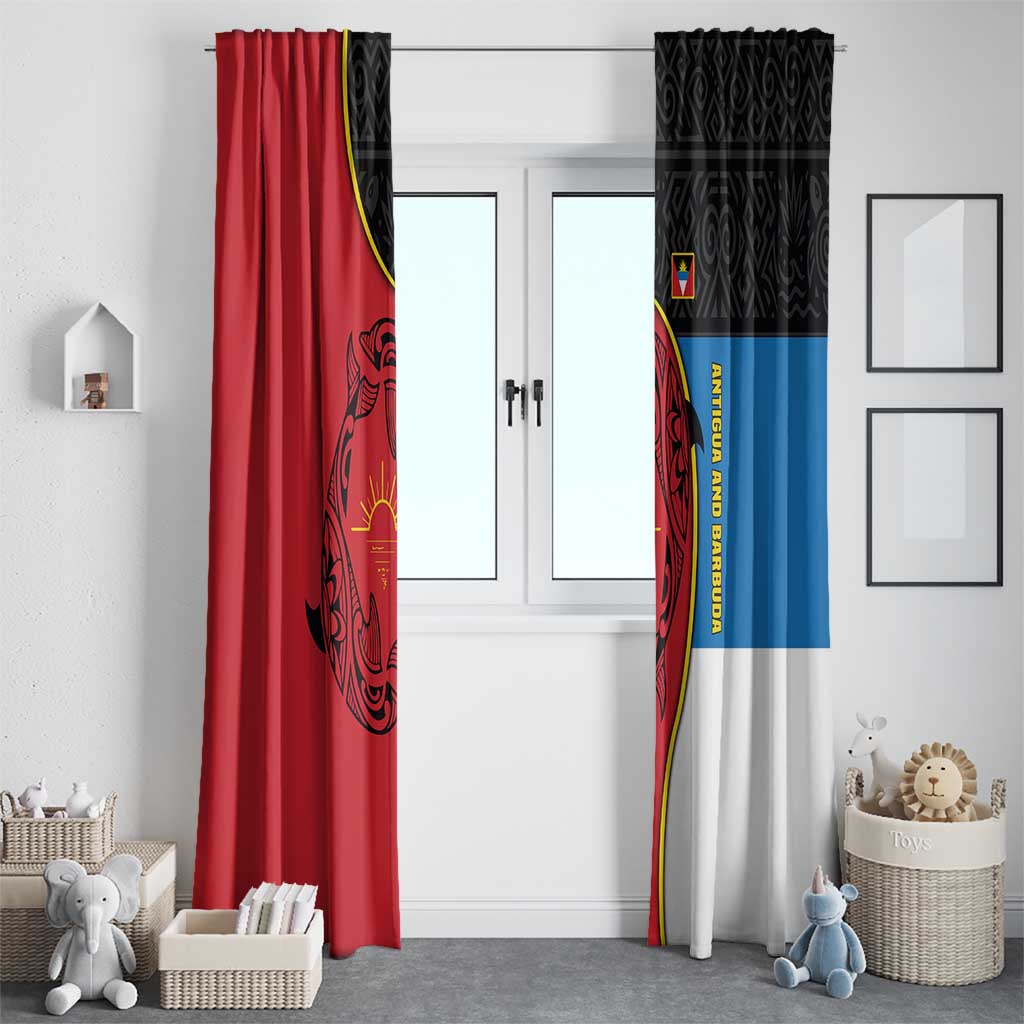 Antigua and Barbuda Tribal Window Curtain with Polynesian Dolphin Sun Design with National Flag Colors - Wonder Print Shop