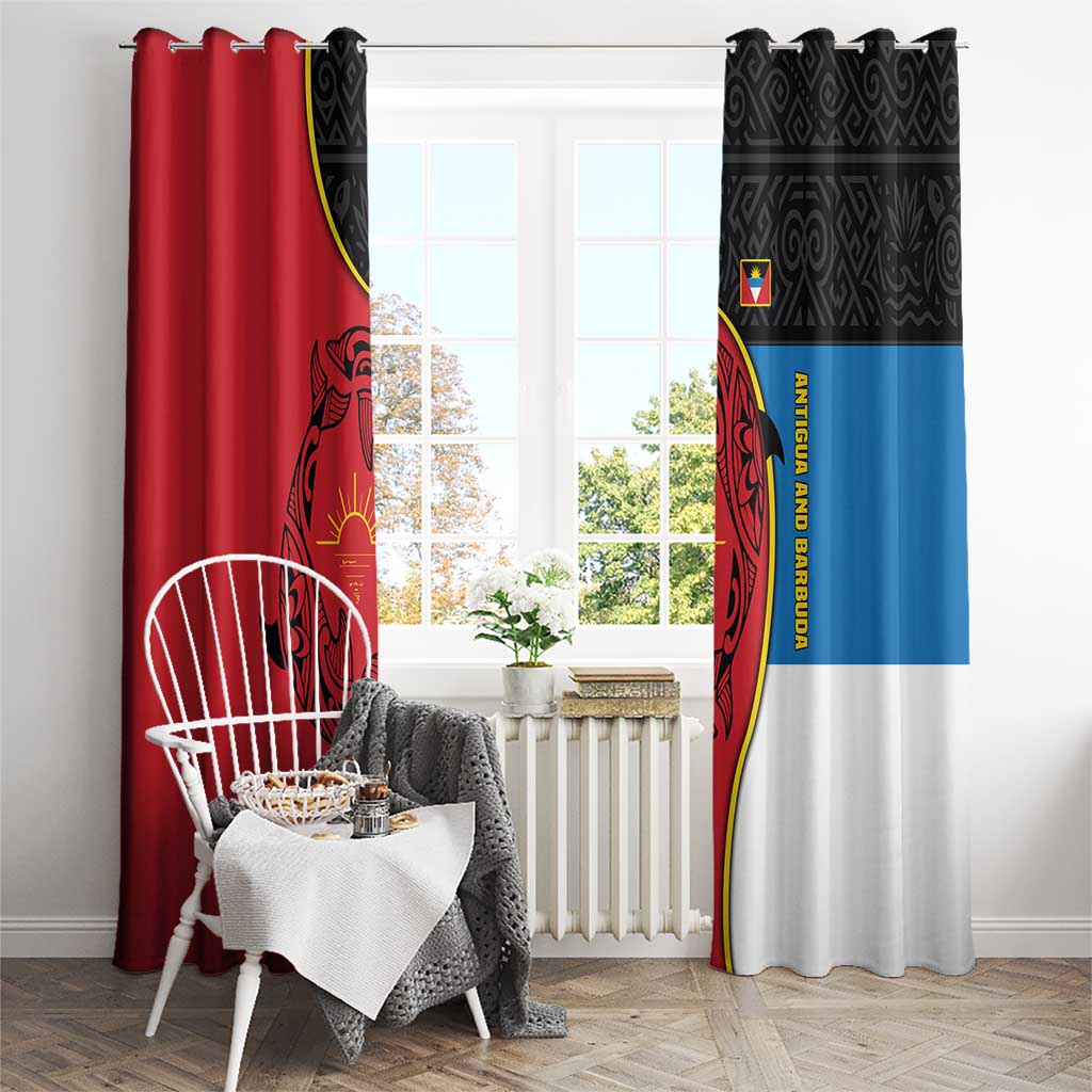 Antigua and Barbuda Tribal Window Curtain with Polynesian Dolphin Sun Design with National Flag Colors - Wonder Print Shop