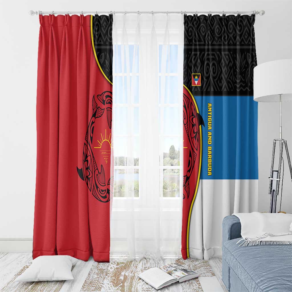 Antigua and Barbuda Tribal Window Curtain with Polynesian Dolphin Sun Design with National Flag Colors - Wonder Print Shop