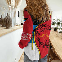 Antigua and Barbuda Tribal Women Casual Shirt with Polynesian Dolphin Sun Design with National Flag Colors - Wonder Print Shop