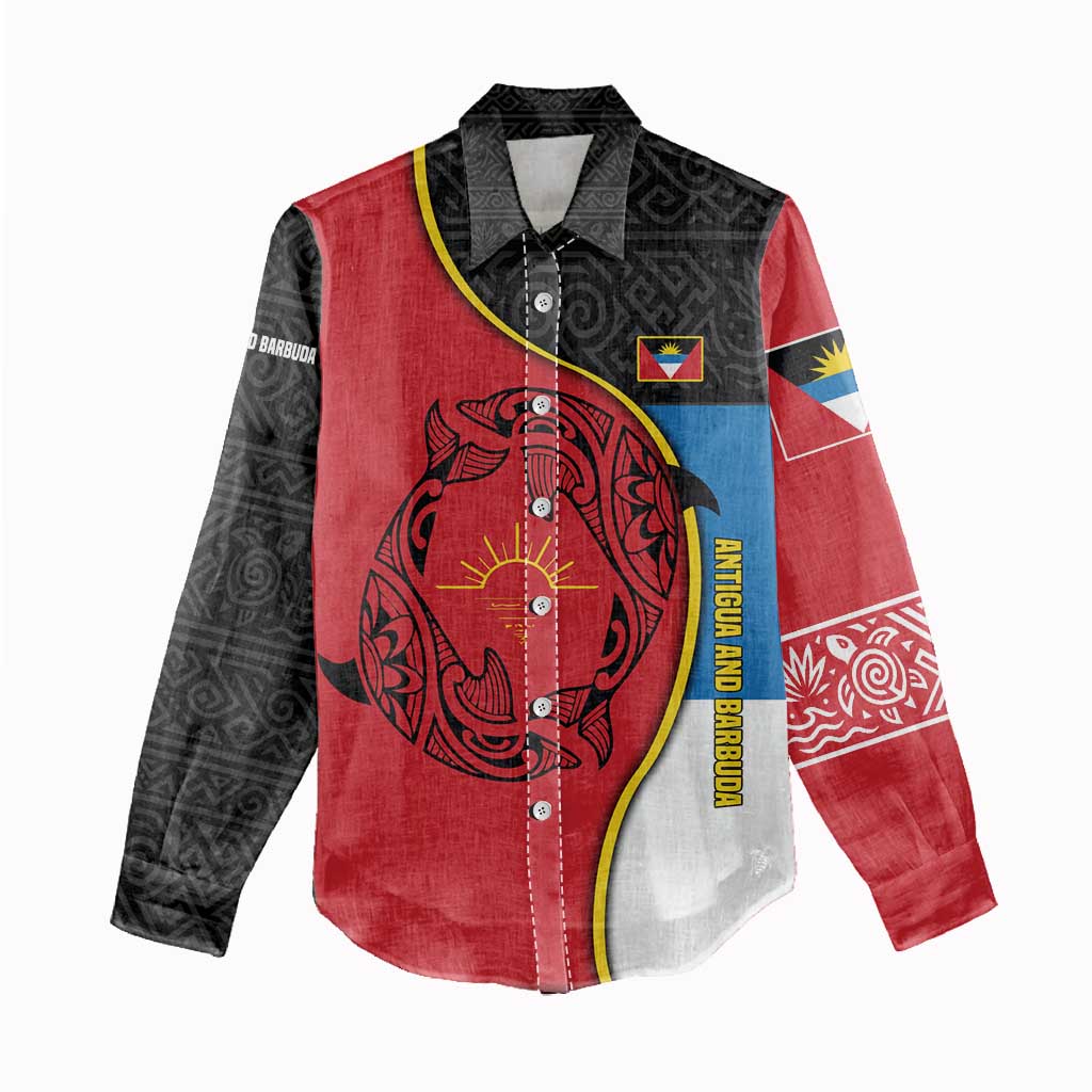 Antigua and Barbuda Tribal Women Casual Shirt with Polynesian Dolphin Sun Design with National Flag Colors - Wonder Print Shop
