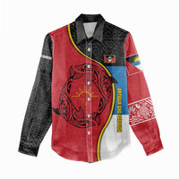 Antigua and Barbuda Tribal Women Casual Shirt with Polynesian Dolphin Sun Design with National Flag Colors - Wonder Print Shop