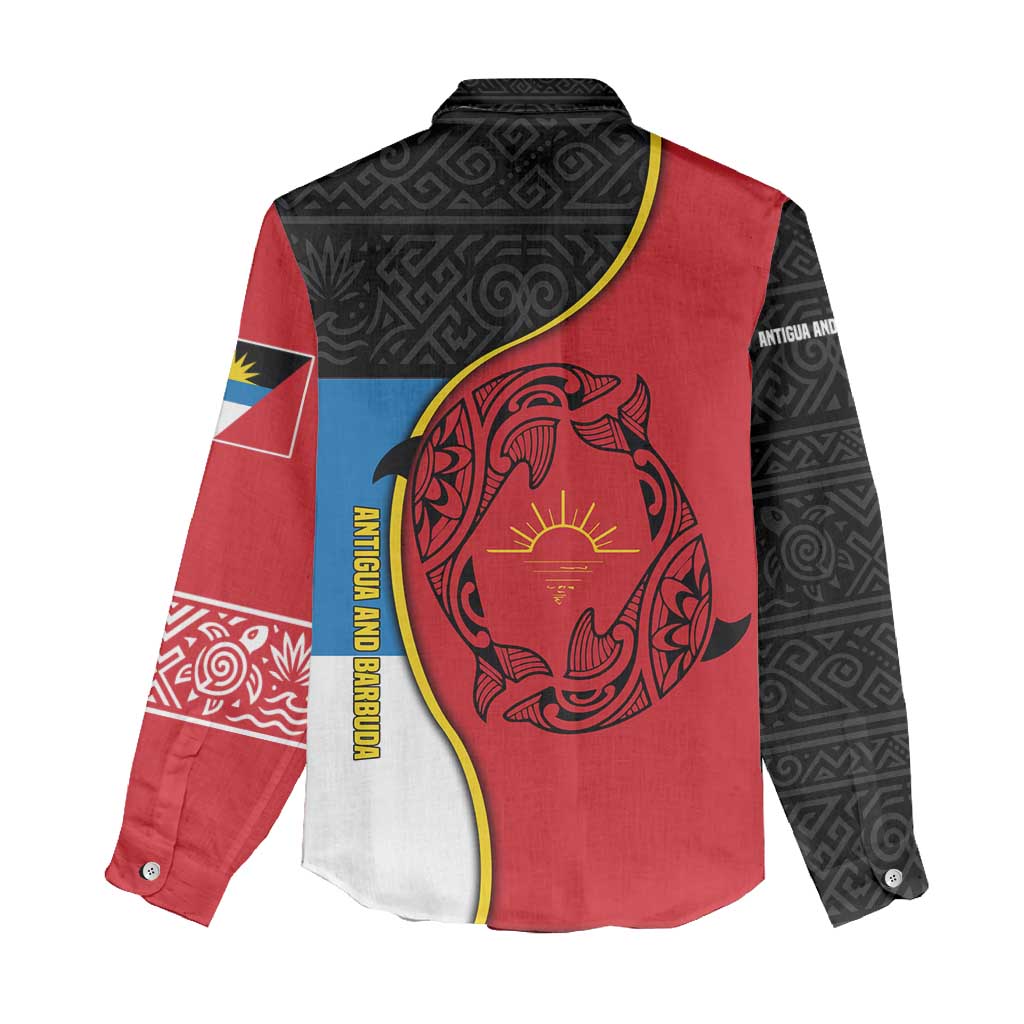 Antigua and Barbuda Tribal Women Casual Shirt with Polynesian Dolphin Sun Design with National Flag Colors - Wonder Print Shop