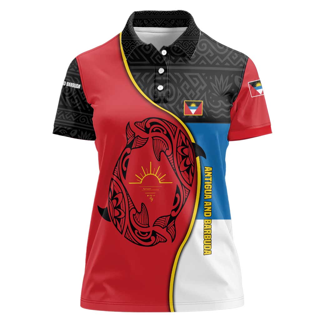 Antigua and Barbuda Tribal Women Polo Shirt with Polynesian Dolphin Sun Design with National Flag Colors - Wonder Print Shop