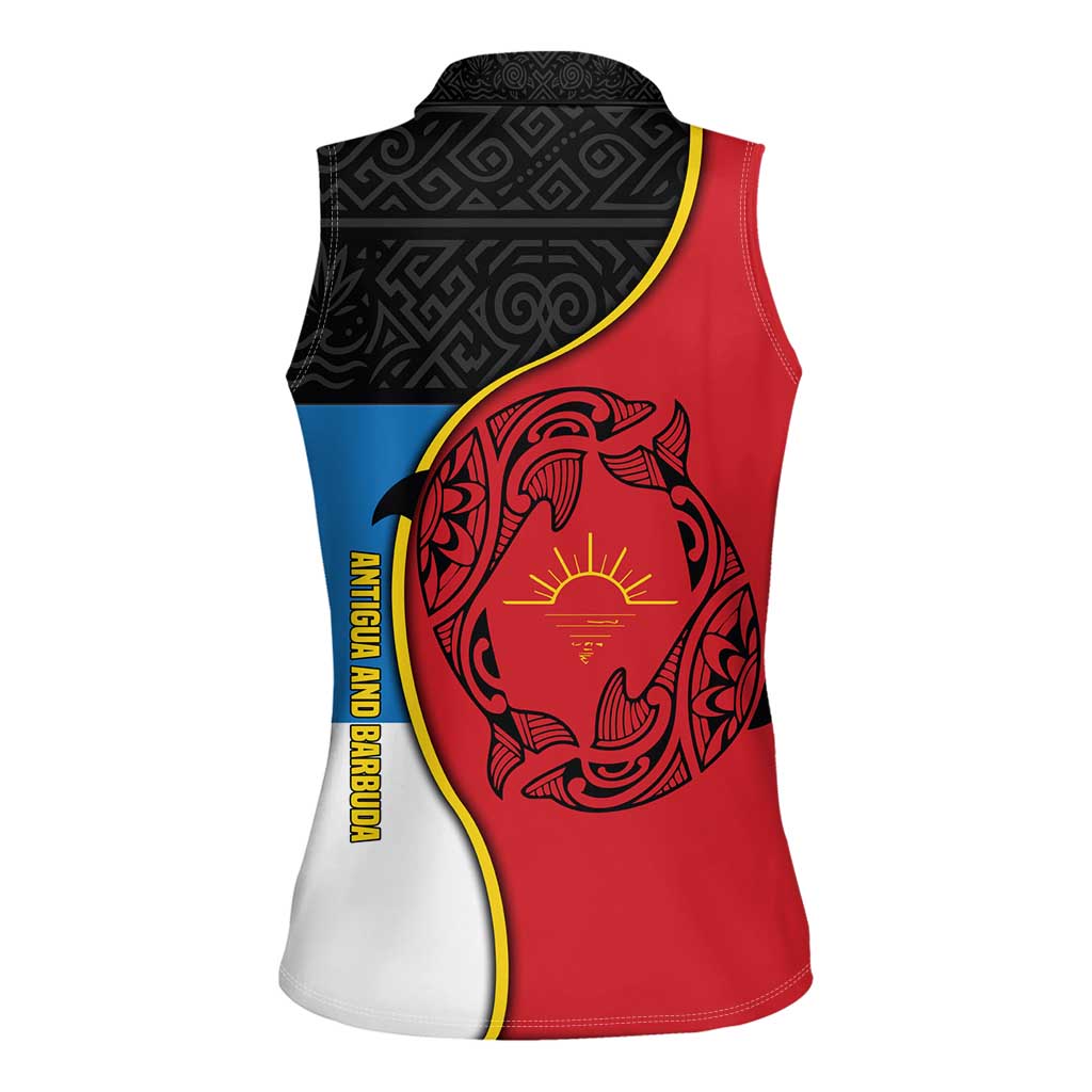 Antigua and Barbuda Tribal Women Sleeveless Polo Shirt with Polynesian Dolphin Sun Design with National Flag Colors - Wonder Print Shop