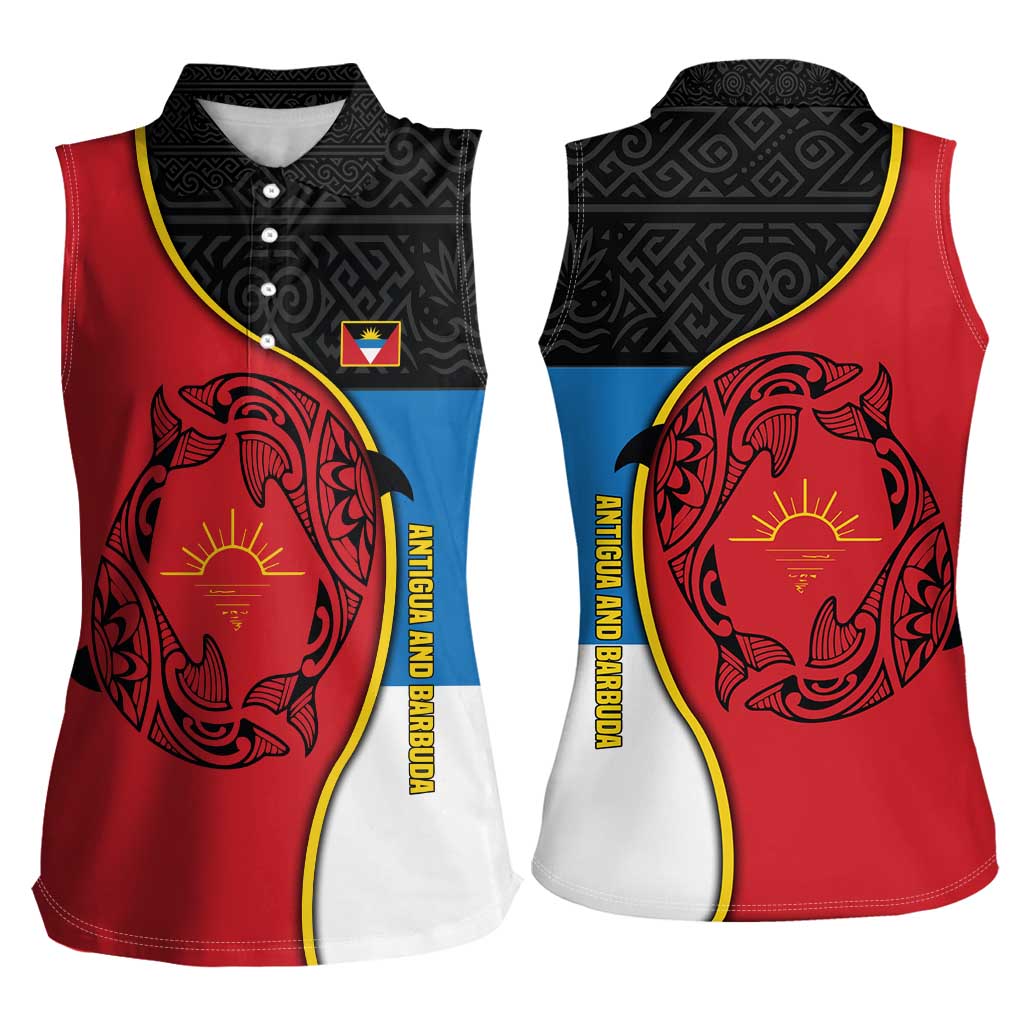 Antigua and Barbuda Tribal Women Sleeveless Polo Shirt with Polynesian Dolphin Sun Design with National Flag Colors - Wonder Print Shop