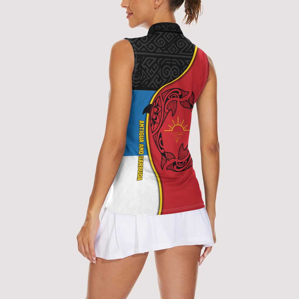 Antigua and Barbuda Tribal Women Sleeveless Polo Shirt with Polynesian Dolphin Sun Design with National Flag Colors - Wonder Print Shop