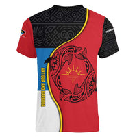 Antigua and Barbuda Tribal Women V-Neck T-Shirt with Polynesian Dolphin Sun Design with National Flag Colors - Wonder Print Shop