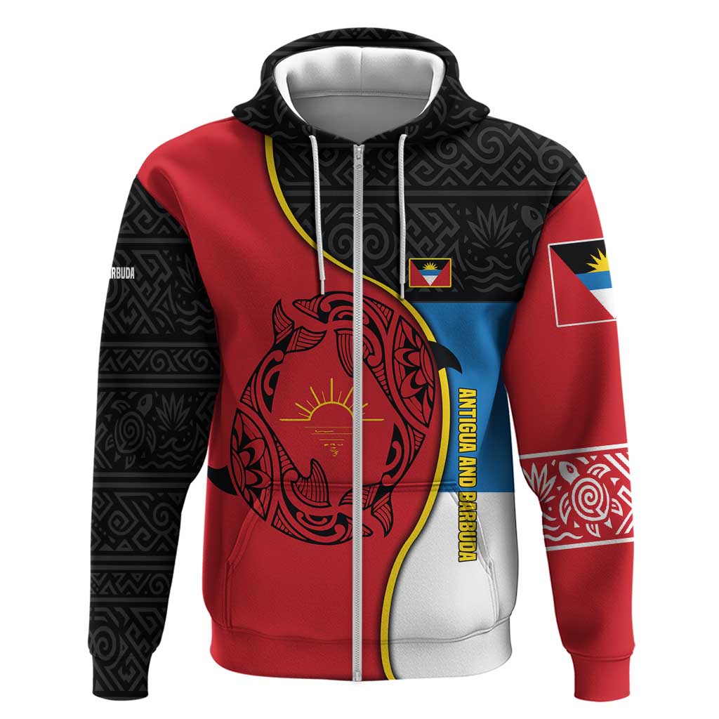 Antigua and Barbuda Tribal Zip Hoodie with Polynesian Dolphin Sun Design with National Flag Colors - Wonder Print Shop