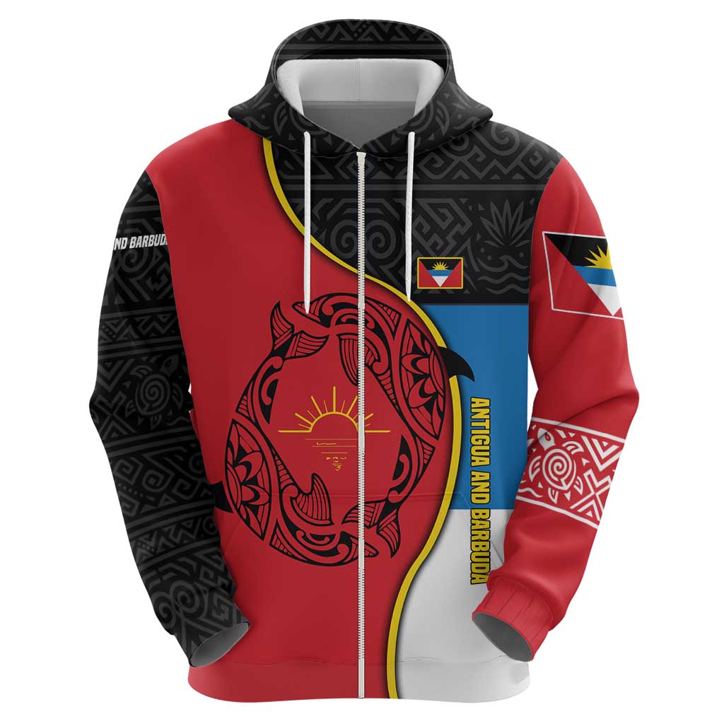 Antigua and Barbuda Tribal Zip Hoodie with Polynesian Dolphin Sun Design with National Flag Colors - Wonder Print Shop