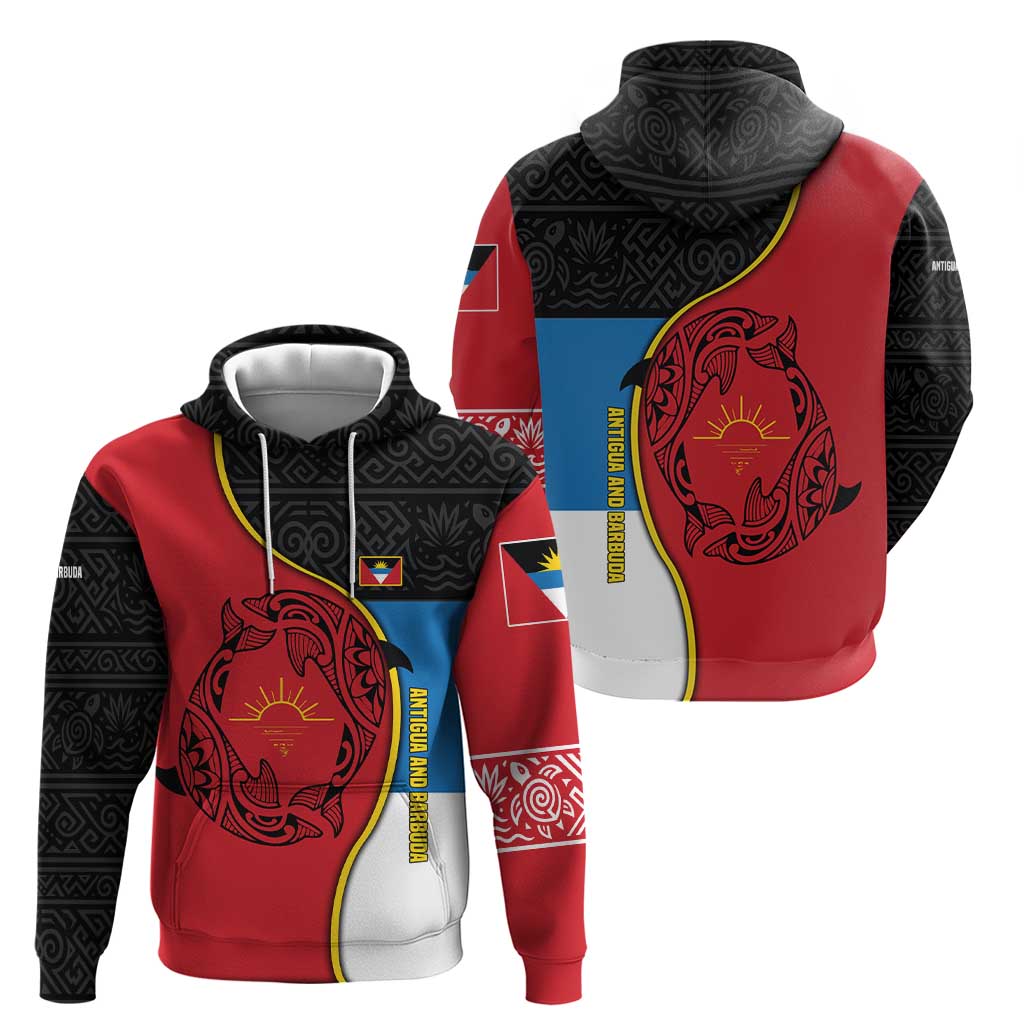 Antigua and Barbuda Tribal Zip Hoodie with Polynesian Dolphin Sun Design with National Flag Colors - Wonder Print Shop