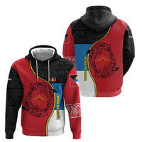 Antigua and Barbuda Tribal Zip Hoodie with Polynesian Dolphin Sun Design with National Flag Colors - Wonder Print Shop