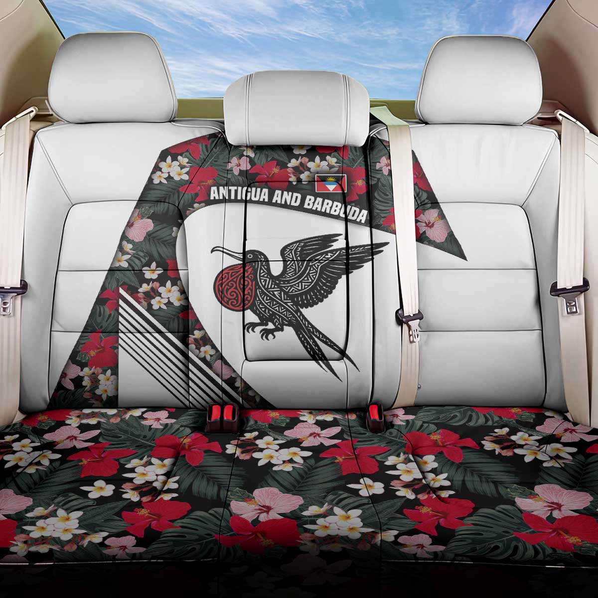 Antigua and Barbuda Hummingbird Back Car Seat Cover with Tribal Bird and Tropical Floral Design with Island Flag - Wonder Print Shop