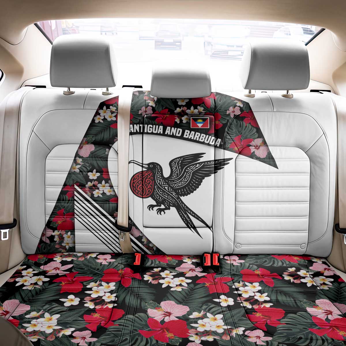 Antigua and Barbuda Hummingbird Back Car Seat Cover with Tribal Bird and Tropical Floral Design with Island Flag - Wonder Print Shop