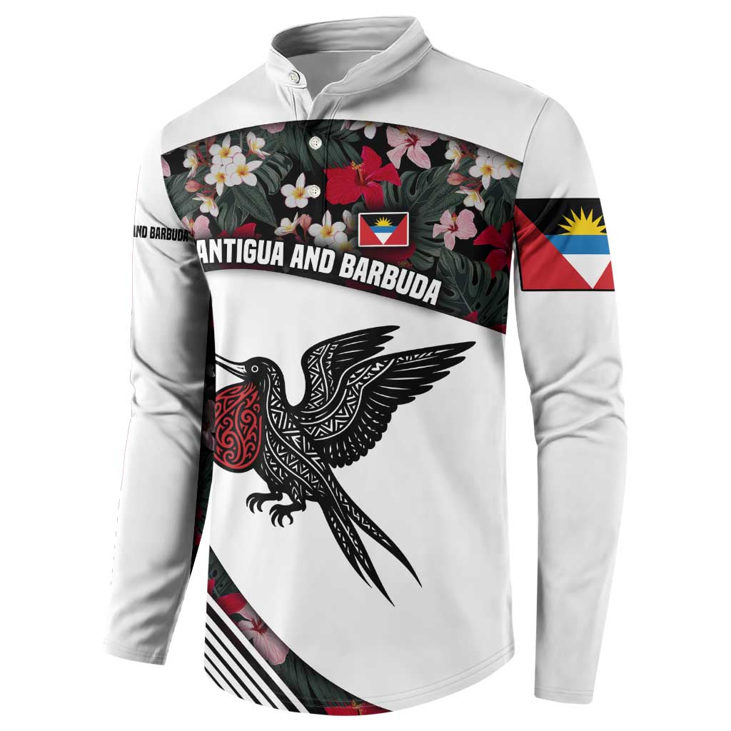 Antigua and Barbuda Hummingbird Button Sweatshirt with Tribal Bird and Tropical Floral Design with Island Flag - Wonder Print Shop