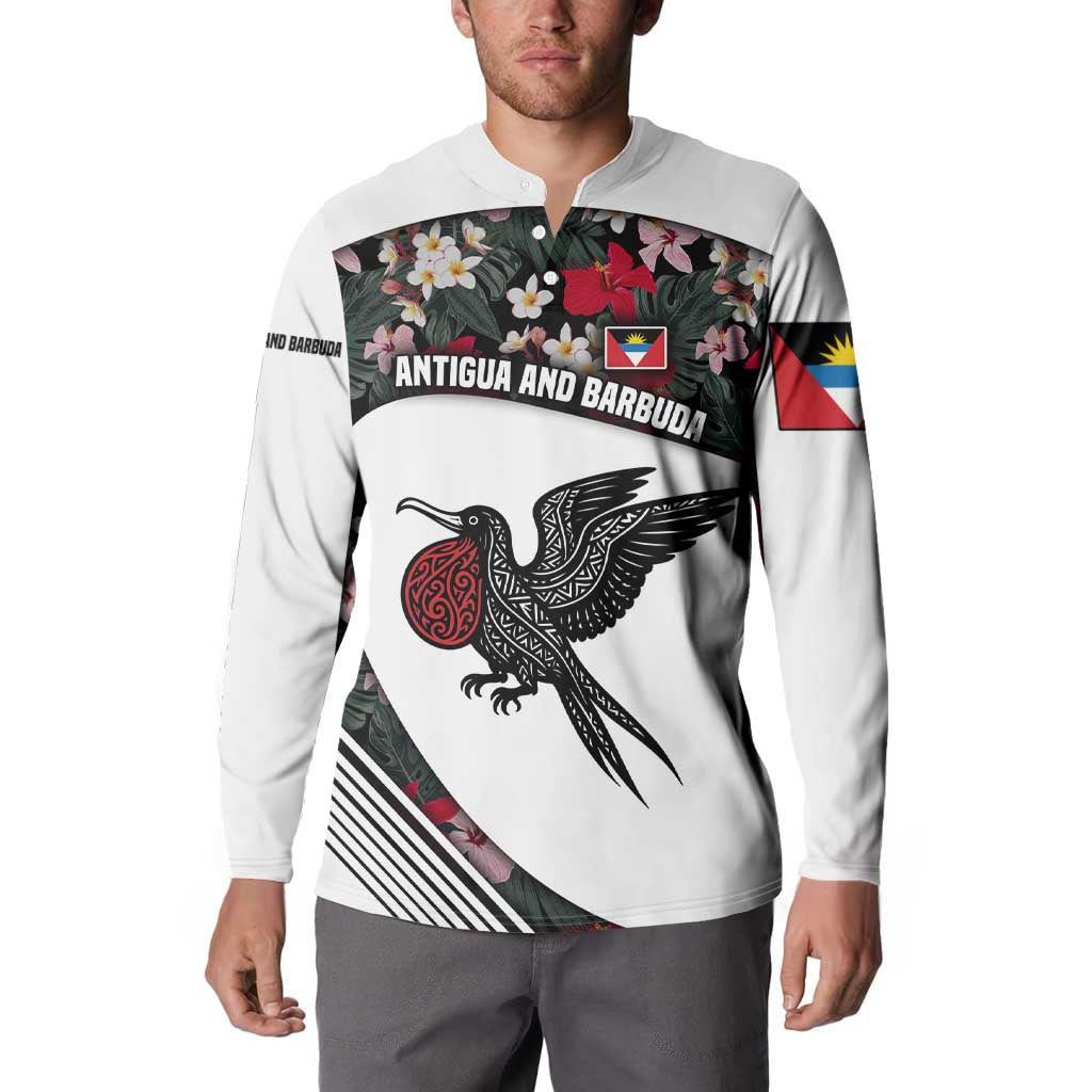 Antigua and Barbuda Hummingbird Button Sweatshirt with Tribal Bird and Tropical Floral Design with Island Flag - Wonder Print Shop