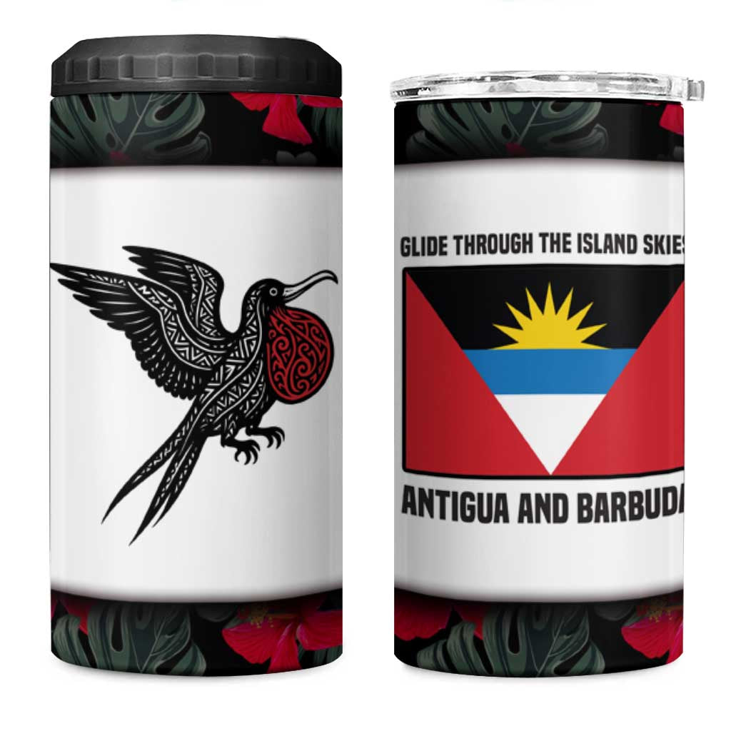 Antigua and Barbuda Hummingbird 4 in 1 Can Cooler Tumbler with Tribal Bird and Tropical Floral Design with Island Flag - Wonder Print Shop