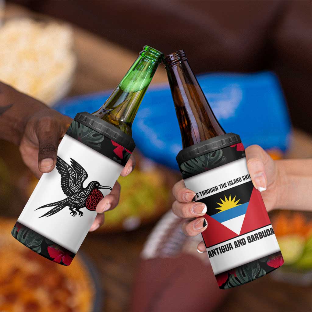 Antigua and Barbuda Hummingbird 4 in 1 Can Cooler Tumbler with Tribal Bird and Tropical Floral Design with Island Flag - Wonder Print Shop