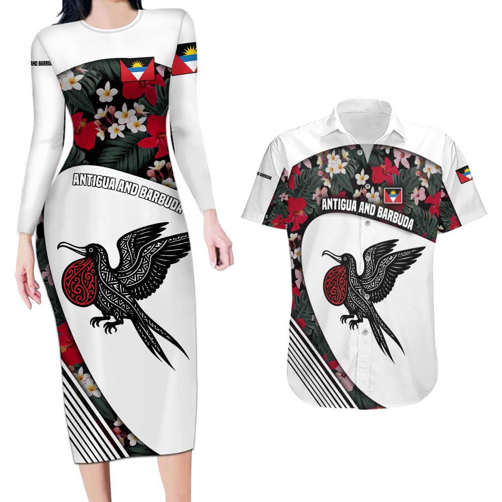 Antigua and Barbuda Hummingbird Couples Matching Long Sleeve Bodycon Dress and Hawaiian Shirt with Tribal Bird and Tropical Floral Design with Island Flag - Wonder Print Shop
