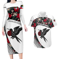 Antigua and Barbuda Hummingbird Couples Matching Long Sleeve Bodycon Dress and Hawaiian Shirt with Tribal Bird and Tropical Floral Design with Island Flag - Wonder Print Shop