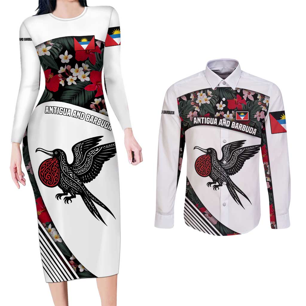 Antigua and Barbuda Hummingbird Couples Matching Long Sleeve Bodycon Dress and Long Sleeve Button Shirt with Tribal Bird and Tropical Floral Design with Island Flag - Wonder Print Shop