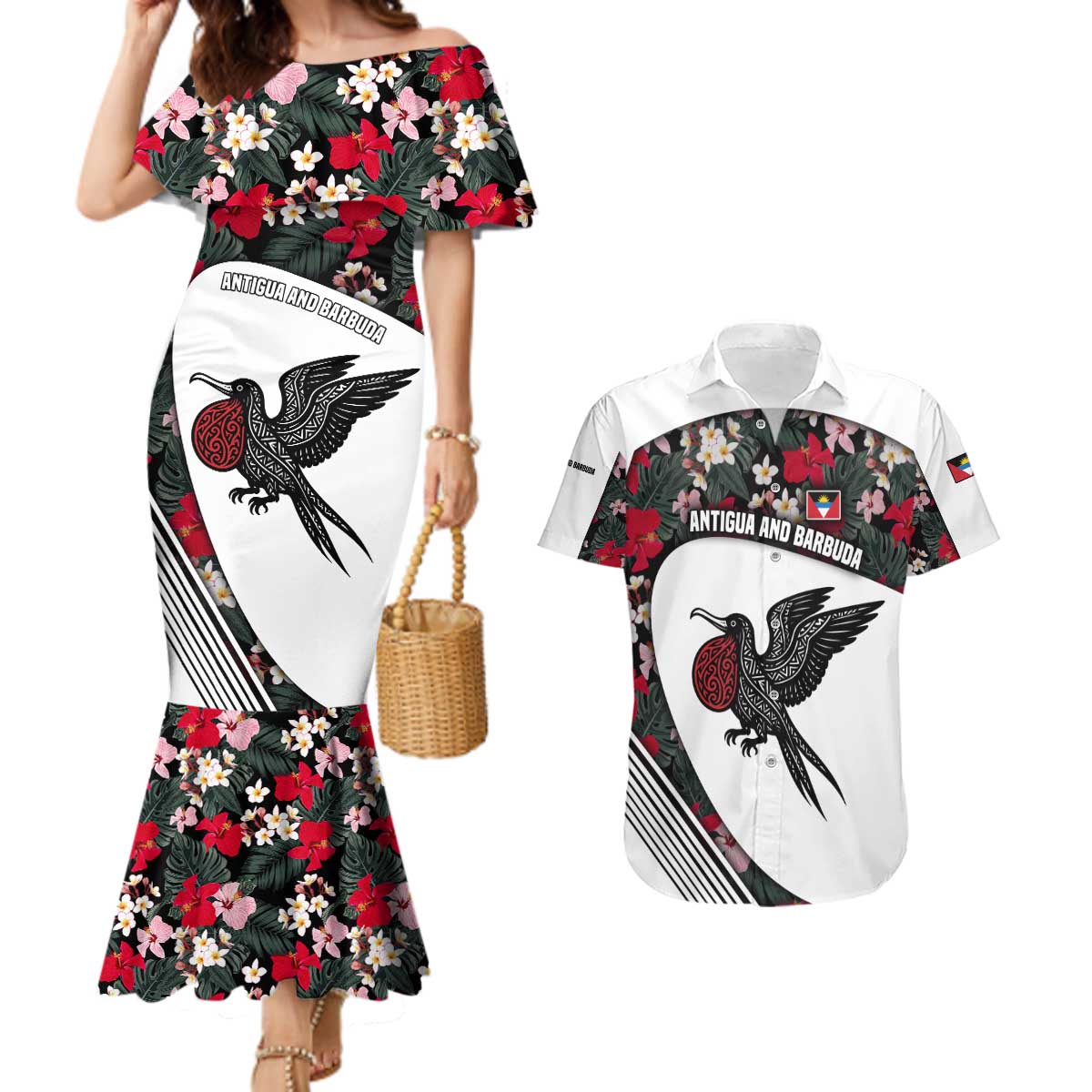 Antigua and Barbuda Hummingbird Couples Matching Mermaid Dress and Hawaiian Shirt with Tribal Bird and Tropical Floral Design with Island Flag - Wonder Print Shop