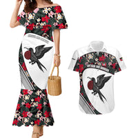 Antigua and Barbuda Hummingbird Couples Matching Mermaid Dress and Hawaiian Shirt with Tribal Bird and Tropical Floral Design with Island Flag - Wonder Print Shop