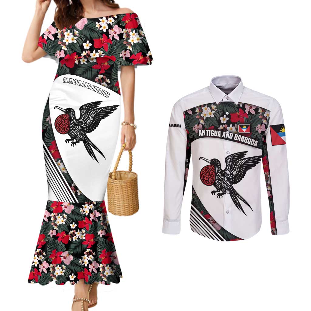 Antigua and Barbuda Hummingbird Couples Matching Mermaid Dress and Long Sleeve Button Shirt with Tribal Bird and Tropical Floral Design with Island Flag - Wonder Print Shop