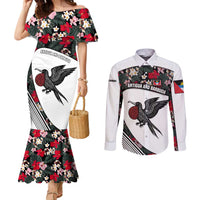 Antigua and Barbuda Hummingbird Couples Matching Mermaid Dress and Long Sleeve Button Shirt with Tribal Bird and Tropical Floral Design with Island Flag - Wonder Print Shop