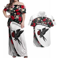 Antigua and Barbuda Hummingbird Couples Matching Off Shoulder Maxi Dress and Hawaiian Shirt with Tribal Bird and Tropical Floral Design with Island Flag - Wonder Print Shop