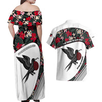 Antigua and Barbuda Hummingbird Couples Matching Off Shoulder Maxi Dress and Hawaiian Shirt with Tribal Bird and Tropical Floral Design with Island Flag - Wonder Print Shop