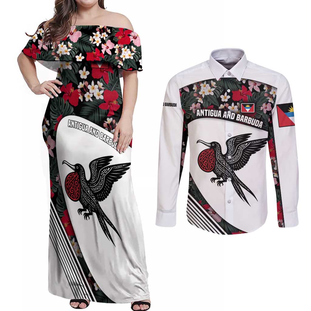 Antigua and Barbuda Hummingbird Couples Matching Off Shoulder Maxi Dress and Long Sleeve Button Shirt with Tribal Bird and Tropical Floral Design with Island Flag - Wonder Print Shop