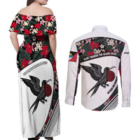 Antigua and Barbuda Hummingbird Couples Matching Off Shoulder Maxi Dress and Long Sleeve Button Shirt with Tribal Bird and Tropical Floral Design with Island Flag - Wonder Print Shop