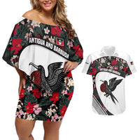 Antigua and Barbuda Hummingbird Couples Matching Off Shoulder Short Dress and Hawaiian Shirt with Tribal Bird and Tropical Floral Design with Island Flag - Wonder Print Shop
