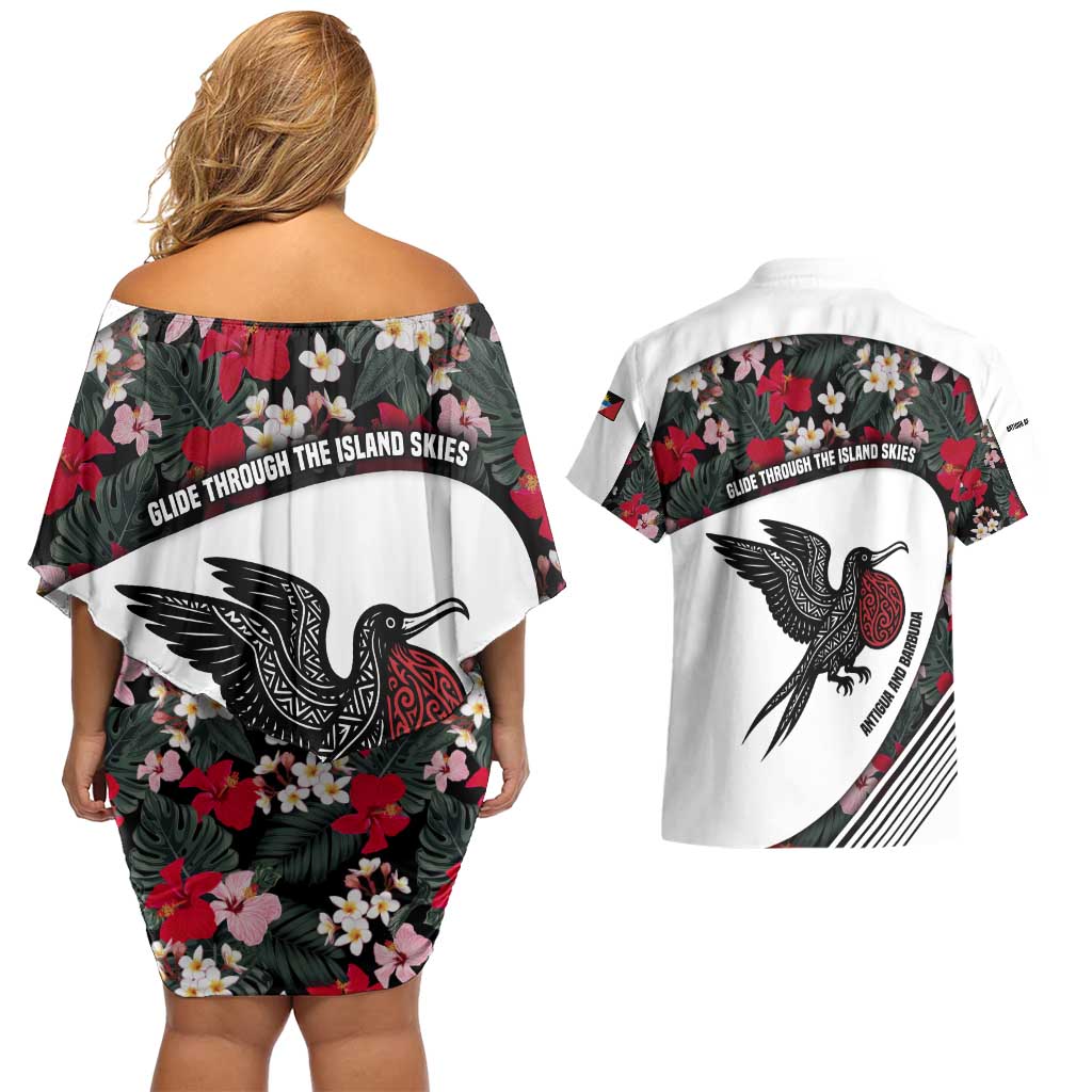 Antigua and Barbuda Hummingbird Couples Matching Off Shoulder Short Dress and Hawaiian Shirt with Tribal Bird and Tropical Floral Design with Island Flag - Wonder Print Shop