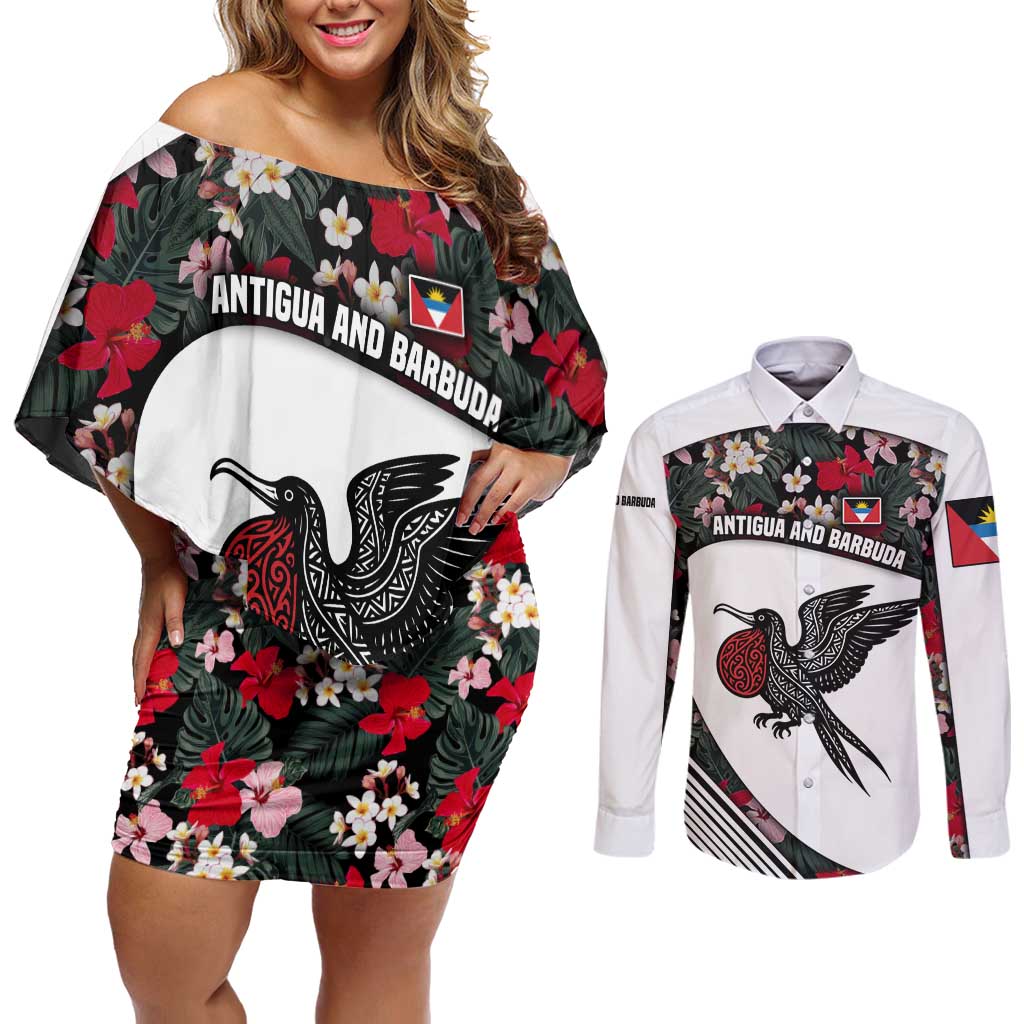 Antigua and Barbuda Hummingbird Couples Matching Off Shoulder Short Dress and Long Sleeve Button Shirt with Tribal Bird and Tropical Floral Design with Island Flag - Wonder Print Shop