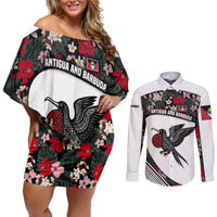 Antigua and Barbuda Hummingbird Couples Matching Off Shoulder Short Dress and Long Sleeve Button Shirt with Tribal Bird and Tropical Floral Design with Island Flag - Wonder Print Shop