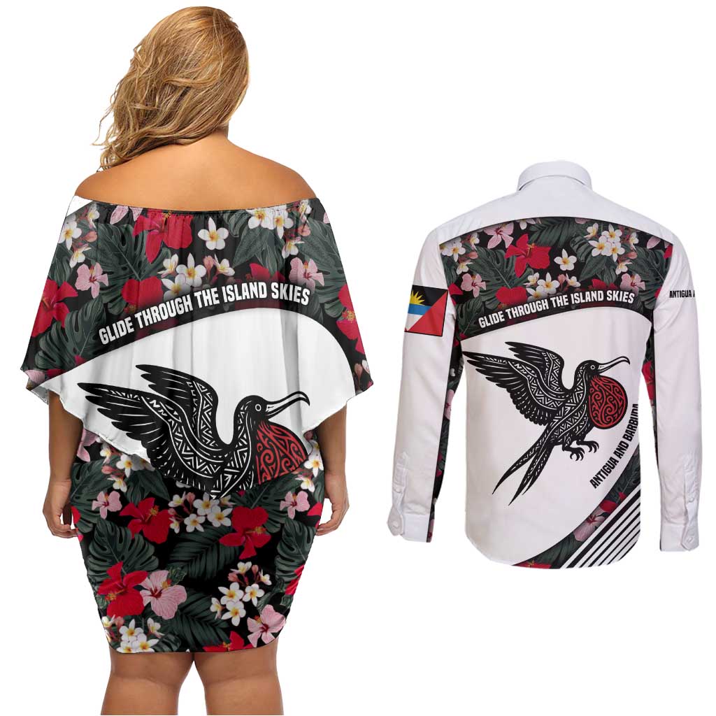 Antigua and Barbuda Hummingbird Couples Matching Off Shoulder Short Dress and Long Sleeve Button Shirt with Tribal Bird and Tropical Floral Design with Island Flag - Wonder Print Shop