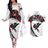 Antigua and Barbuda Hummingbird Couples Matching Off The Shoulder Long Sleeve Dress and Hawaiian Shirt with Tribal Bird and Tropical Floral Design with Island Flag - Wonder Print Shop