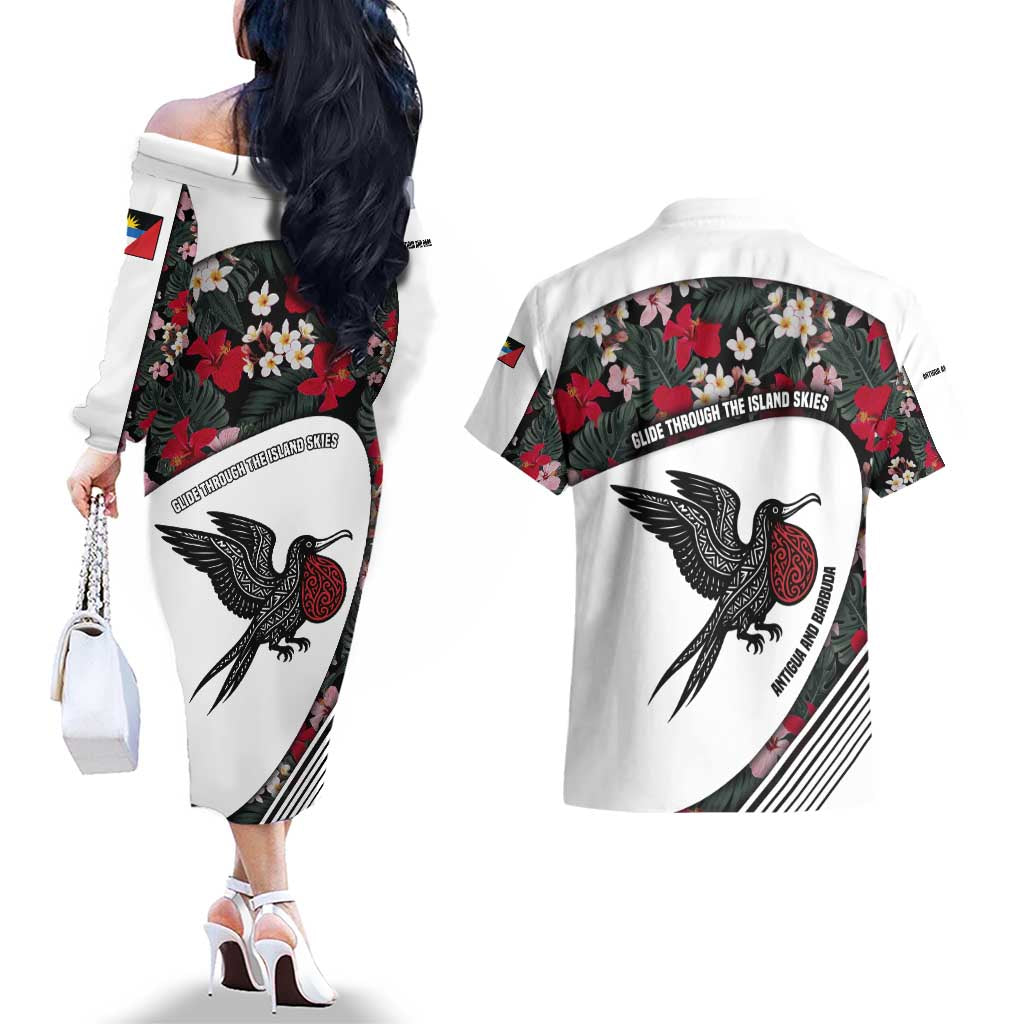 Antigua and Barbuda Hummingbird Couples Matching Off The Shoulder Long Sleeve Dress and Hawaiian Shirt with Tribal Bird and Tropical Floral Design with Island Flag - Wonder Print Shop