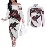 Antigua and Barbuda Hummingbird Couples Matching Off The Shoulder Long Sleeve Dress and Long Sleeve Button Shirt with Tribal Bird and Tropical Floral Design with Island Flag - Wonder Print Shop