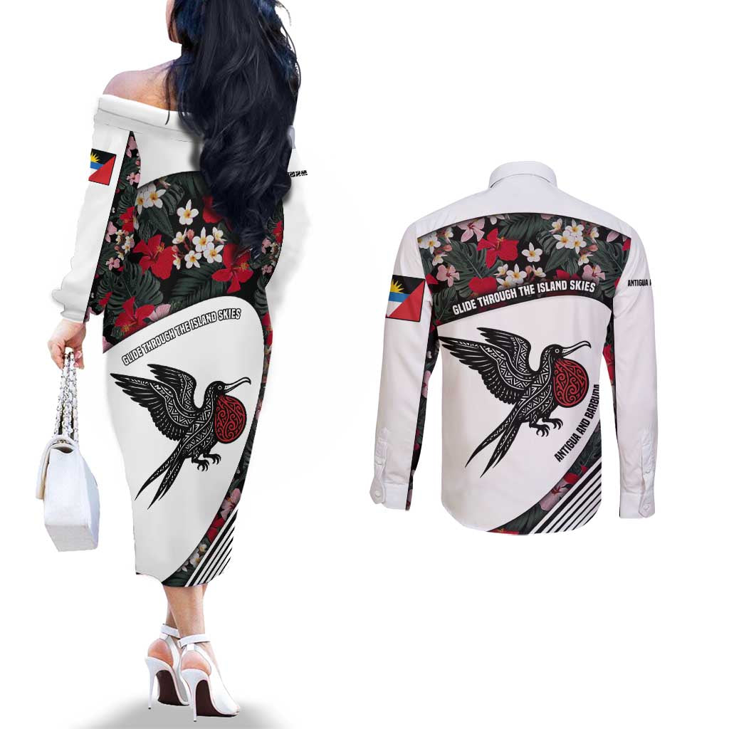 Antigua and Barbuda Hummingbird Couples Matching Off The Shoulder Long Sleeve Dress and Long Sleeve Button Shirt with Tribal Bird and Tropical Floral Design with Island Flag - Wonder Print Shop